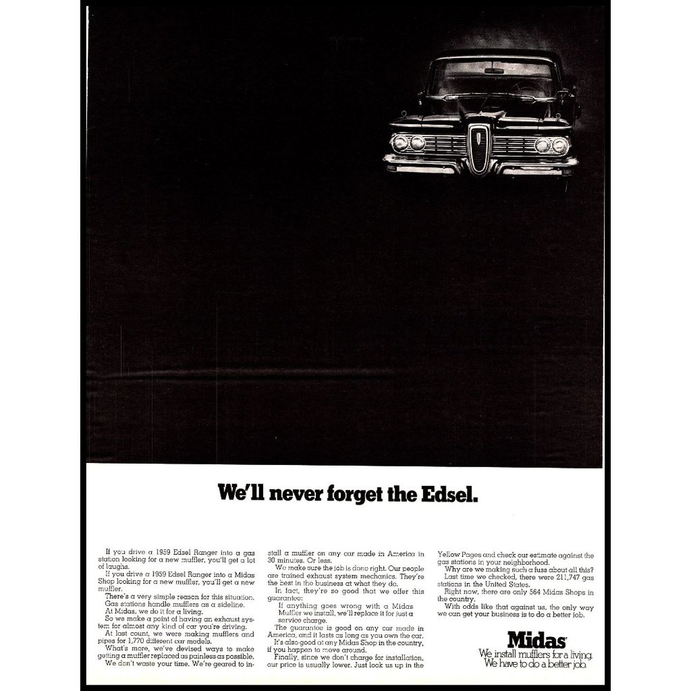 1970 Midas Muffler Shop Vintage Print Ad 1959 Ford Edsel Ranger Wall Art Photo